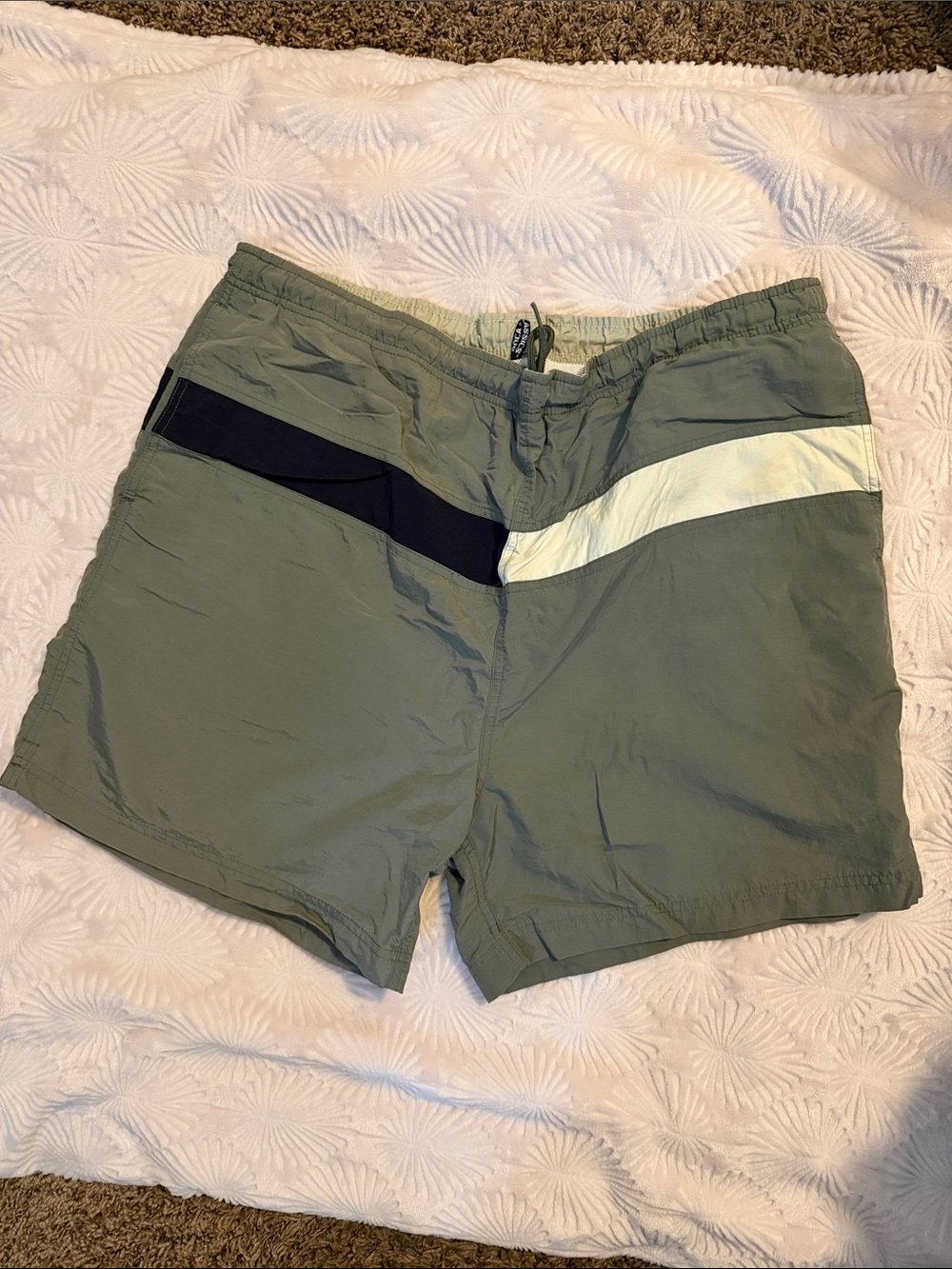 Olive Green Color Swim Shorts with Navy Blue and white stripe